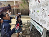 卒業生が作ってくれた野鳥の掲示板で鳥名を確認している生徒たちの写真