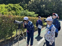 望遠鏡を覗き込み、野鳥を探している生徒たちの写真