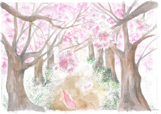 道一片に桜の木が満開に咲いているイラスト