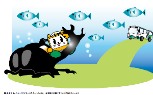 奥にバスがあり魚が数匹お泳いでいてきつねのオレンジ色したマスコットキャラクターがカブトムシに乗っているイラスト