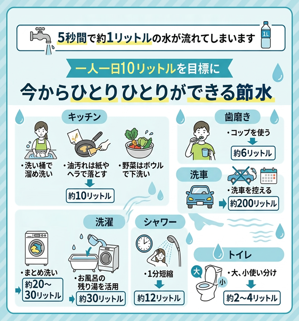 5秒間で約1リットルの水が流れてしまいます。一人一日10リットルを目標に水不足のため節水にご協力ください。キッチンでは洗い桶で溜め洗い、油汚れは紙やヘラで落とす、野菜はボウルで下洗いすると約10リットルの節水です。歯磨きではコップを使うと約6リットルの節水です。洗車を控えると約200リットルの節水です。洗濯ではまとめ洗いをすると約20から30リットルの節水、お風呂の残り湯を活用すると約30リットルの節水です。シャワーを1分短縮すると約12リットルの節水です。トイレのレバーを大、小使い分けすると約2から4リットルの節水です。