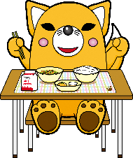 きつねのマスコットキャラクターが箸を持って給食を食べているイラスト