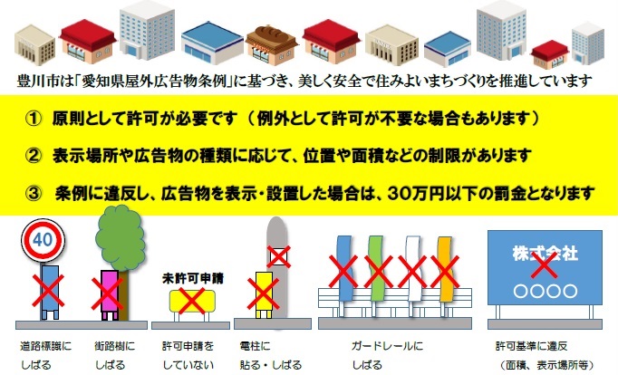 豊川市では「愛知県屋外広告物条例」に基づき、美しく安全ですみよいまちづくりを推進しています
