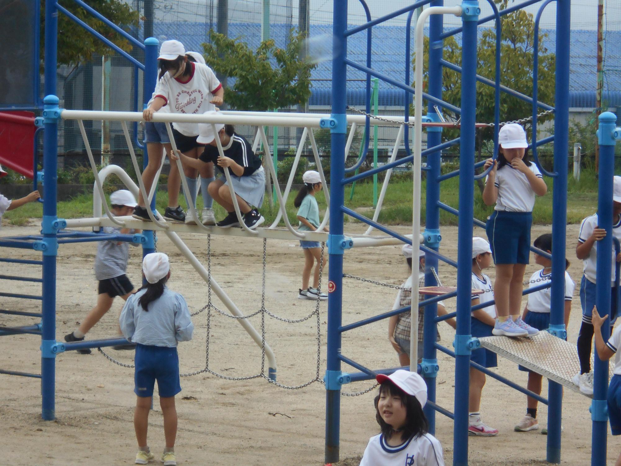 遊具で元気に遊んでいます。