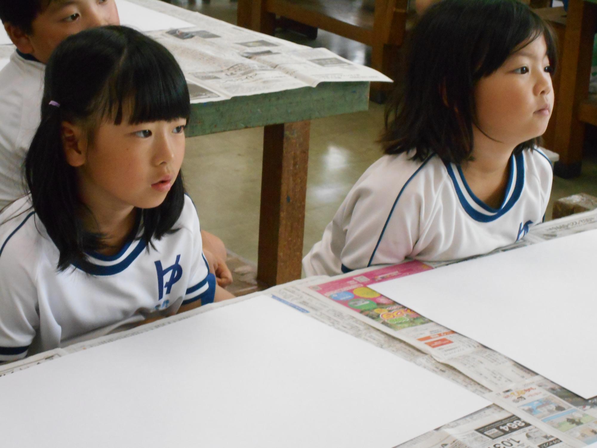 子どもは友だちの発表を聞き、教師の提示を見ます。