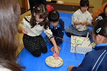 温かいうちに小さくした紅白のもちを、アカメの枝に巻きつけます