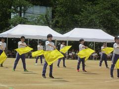 児童たちが黄色い旗で演技をしている写真