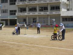 校庭に描かれた横断歩道付近で自転車を押す子供に指導をしている大人の写真