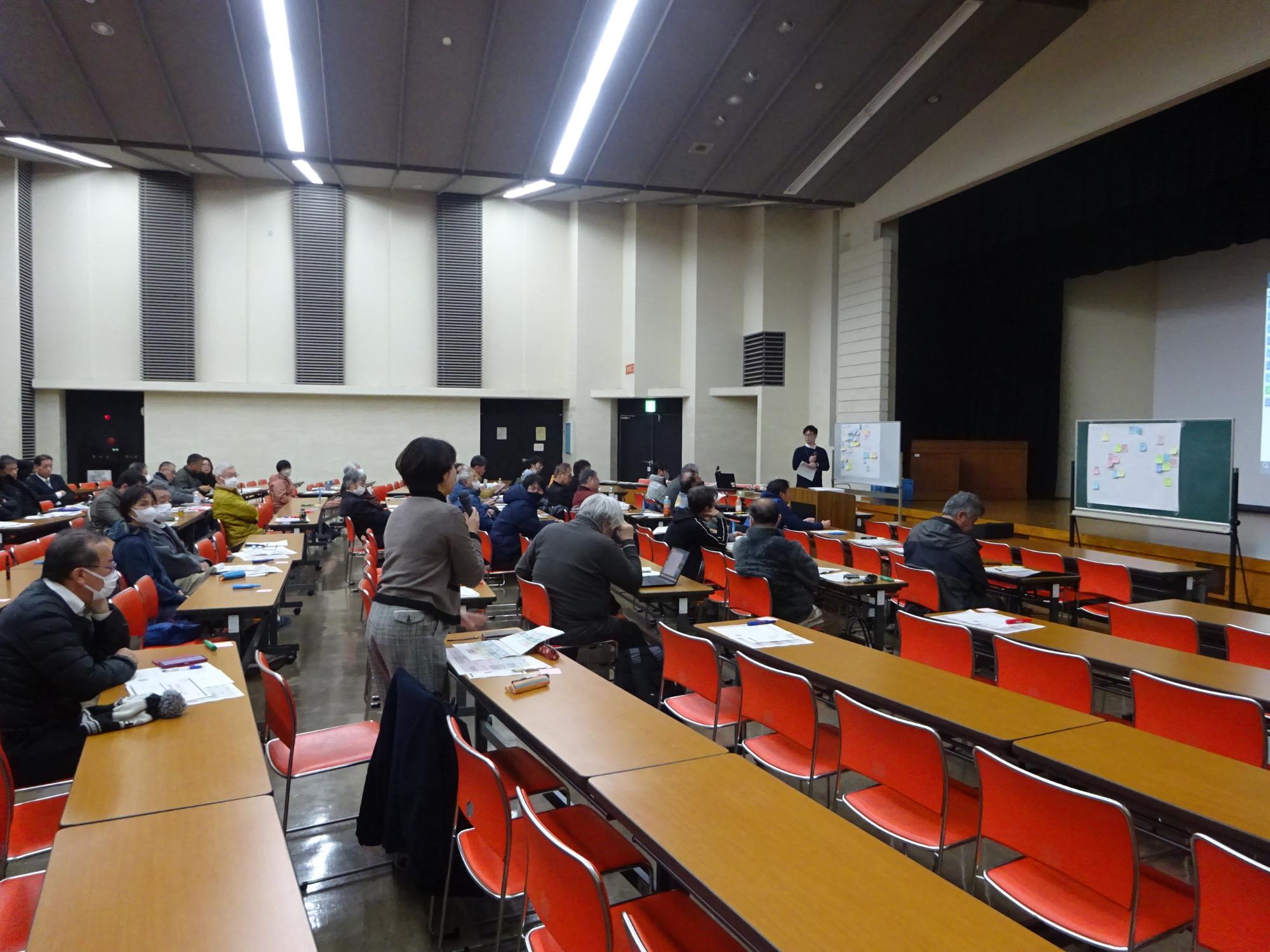 結ネット情報交換会サロングループAと書かれた看板の置かれた部屋の中で話し合いをしている人たちの写真