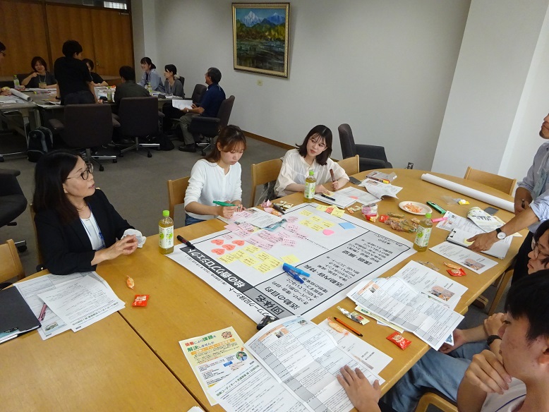 机の周りに向かい合って座り、話し合う人たちの写真