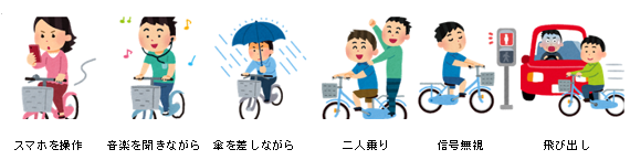 「スマホを操作」「音楽を聞きながら」「傘を差しながら」「二人乗り」「信号無視」「飛び出し」のテキストとそれぞれの状況のイラスト