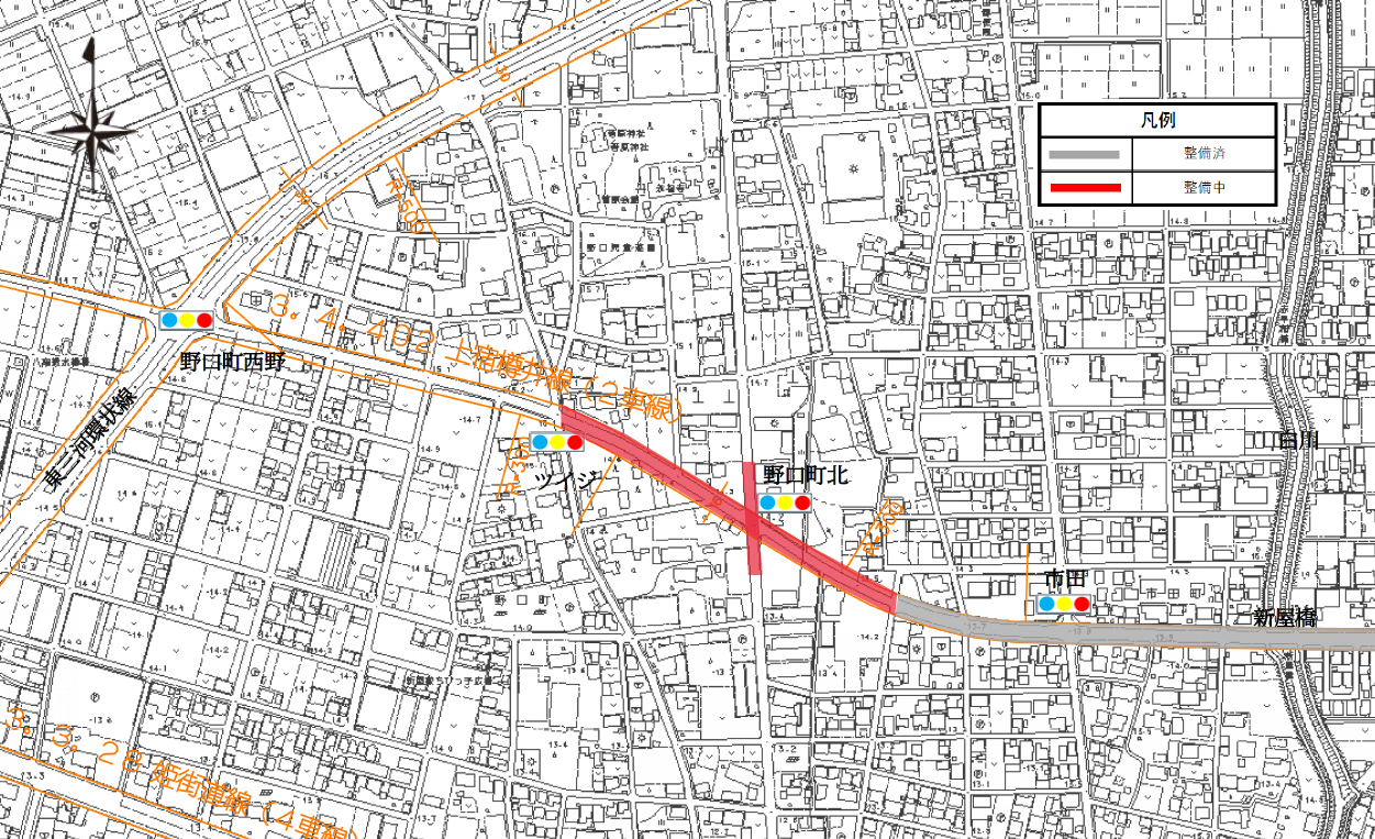 都市計画道路上宿樽井線（市田野口工区）整備事業の区間が示された地図