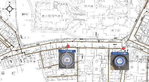 豊川地区に2ヶ所設置されている有料広告のマンホール蓋のデザインと場所が示された地図