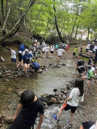 キャンプ場周辺の川で、川の中を歩いて遊んでいる大勢の児童達の写真